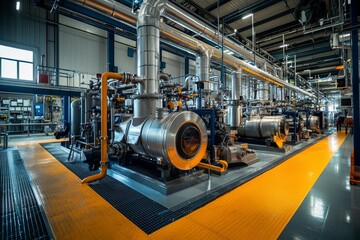 Fototapeta premium Industrial plant interior featuring complex piping systems and heavy machinery for manufacturing processes