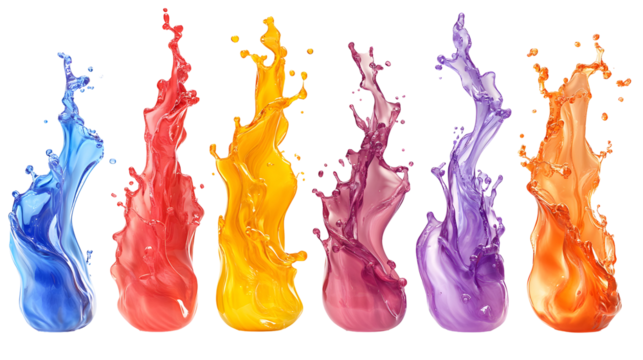 Vibrantly Colored Water Splashing Against A Bright White Background. Colorful Water Splashing