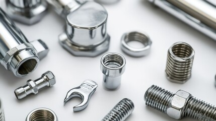 Close-up of shiny chrome plumbing parts and fittings on white background.