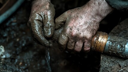 Muddied hands fix pipe, leak, outdoors