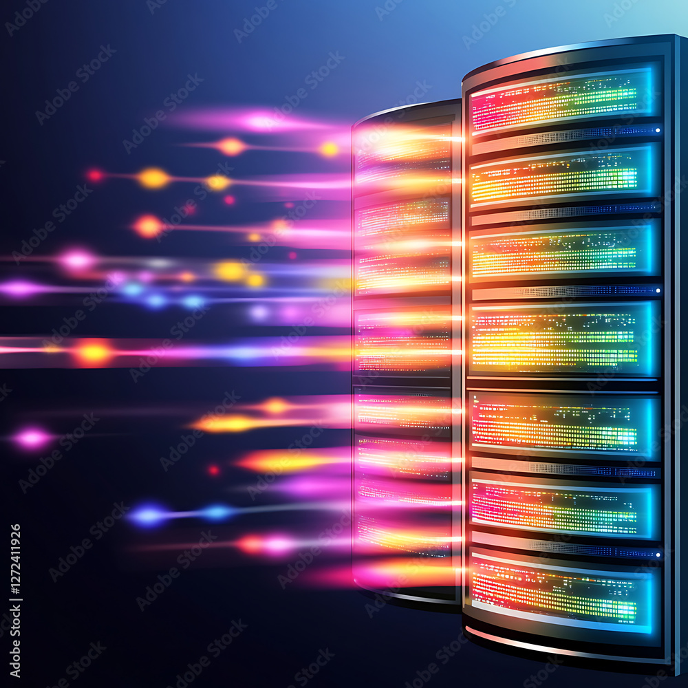 Poster digital data streams and server racks in network architecture for information technology.