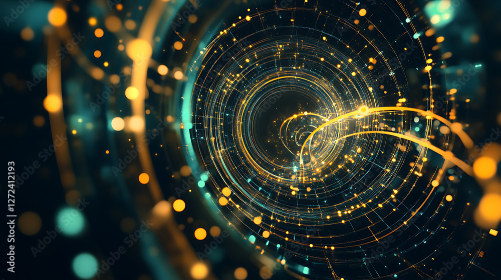 Aufkleber digital vortex of interconnected golden particle networks futuristic tech data connectivity system.