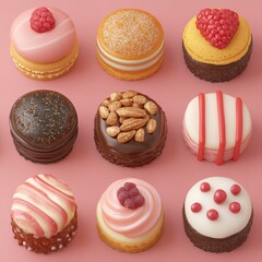 Fototapeta premium Miniature cakes, delicious dessert on pink, for sale. Sweet pastries for gifts or party treats
