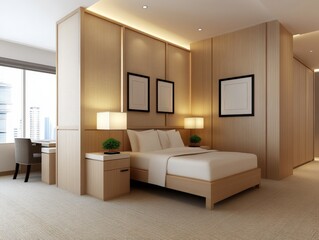 Fototapeta premium Modern bedroom with bed and desk near the window, for real estate/interior design