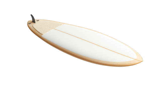 A surfboard with a white top and a black fin