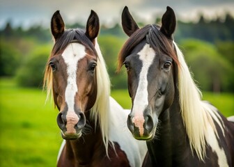 Obraz premium Majestic Black and White Horses Gaze Intensely at Camera - Stunning Equestrian Stock Photo