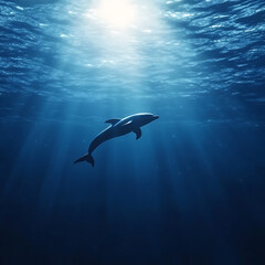 Dolphin Underwater Swimming Gracefully Sunlit Ocean Depths Aquatic World Marine Life Serene Beauty.