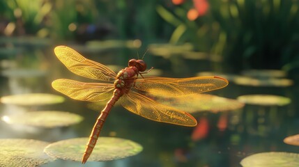 Dragonfly pond flight, sunset, nature