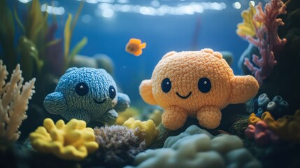 Knitted octopuses underwater scene