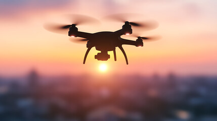 Drone Silhouetted Against a Colorful Sunset Sky Over Cityscape Offering a Unique Perspective.