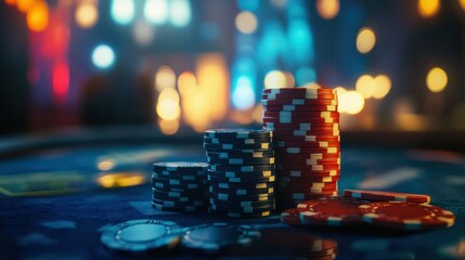 Casino chips, night, stakes, city glow