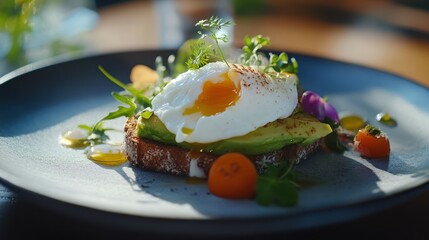 Poached egg avocado toast, outdoor cafe