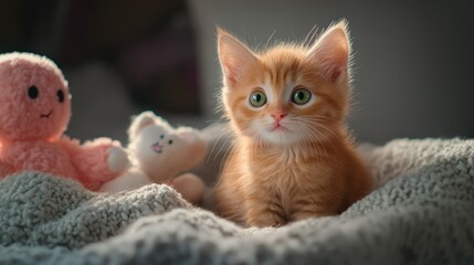 Kitten plays, bedroom, toys, blanket