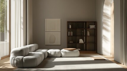 A Scandinavian-inspired living space with a soft gray sofa and a stylish display cabinet