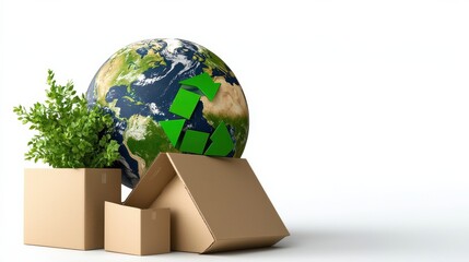 Conceptual 3D depicting a globe wrapped in green recycling symbols representing the global environmental sustainability and circular economy concept