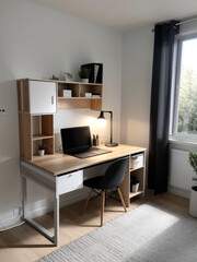Bureau de télétravail avec étagère murale et ordinateur face à une grande fenêtre