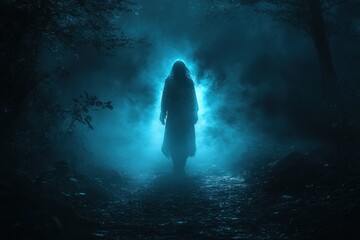 Mysterious Ghost in Dark Forest Illuminated by Ethereal Blue Light