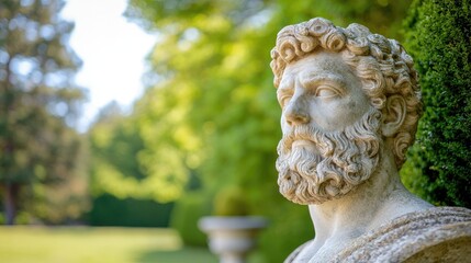 Garden statue bust, serene expression, lush background, peaceful setting, ideal for history or art