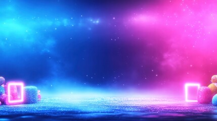 Neon lights shine in an empty studio for advertising. Bright stage for product