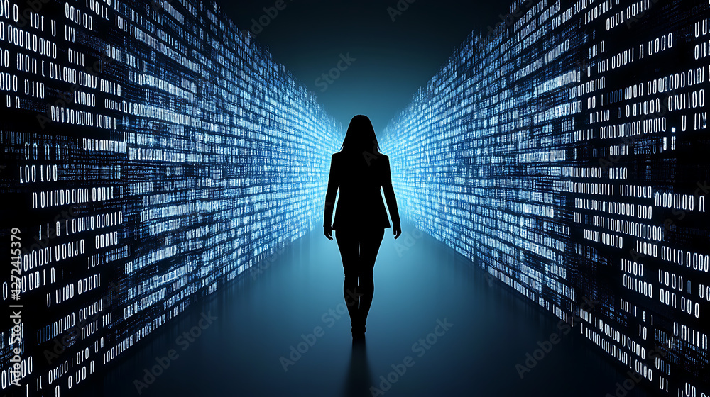Poster empowered individual walking through binary code digital landscape representing information security