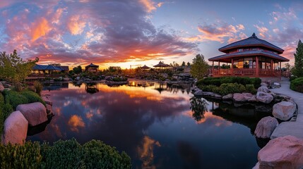 Obraz premium Serene Sunset Over Japanese Garden Pavilions and Pond
