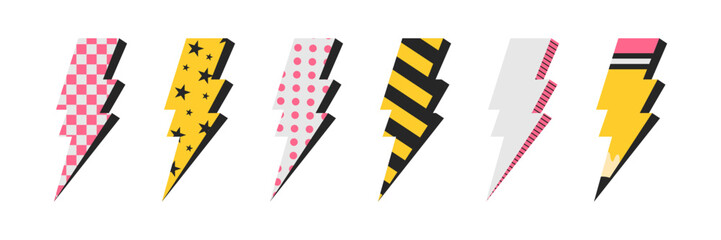 Zestaw błyskawic z różnymi wzorami i teksturami - geometryczne, gwiazdy, kropki, paski. Nowoczesny płaski design w kolorach żółtym, różowym i czarnym. Ilustracja wektorowa izolowana na białym tle. © Monika