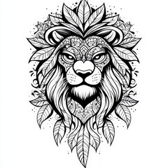Obraz premium Ornamented lion head artwork with leaves for coloring book and creative graphic use