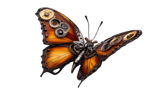 A butterfly with gears and a clock on its wings
