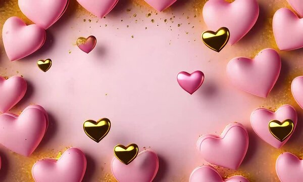 Pink heart-shaped macarons with gold glitter on pastel background, romantic Valentine&rsquo;s Day dessert