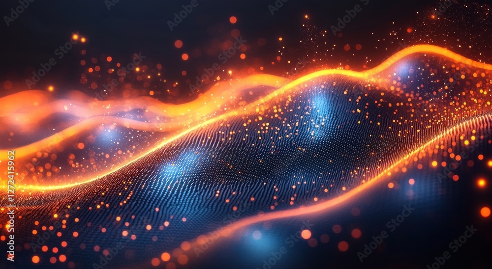 Poster abstract technology and science digital wave with glowing particles and geometric patterns in cyberp