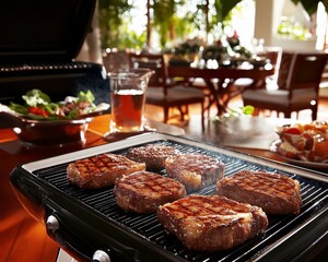 Outdoor grilling, cooked steak on grill, garden dining. For outdoor cooking ad