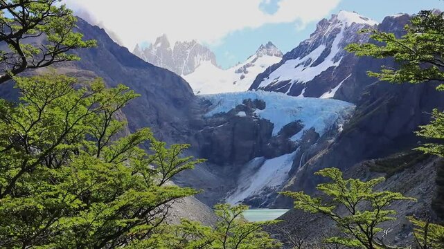 Glacier and high rocky mountains in Patagonia. Trekking and hiking in Argentina and Chile. El Chalten hike to Glacier Piedras Blancas near Fitz Roy
