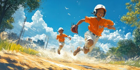 Children Playing Baseball in Cartoon Style with Bright Colors and Bold Lines