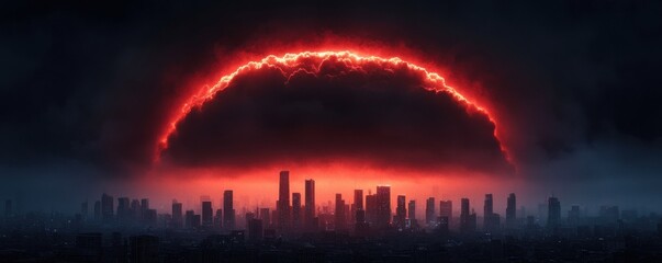 Fototapeta premium Dramatic apocalyptic cityscape with a massive ominous cumulonimbus cloud in the shape of an X mark casting a foreboding shadow over the destroyed urban skyline