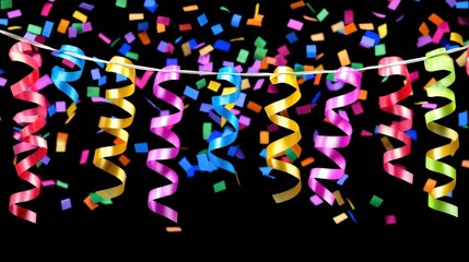 Obraz premium Party decorations, confetti, ribbons falling down, black background for celebration