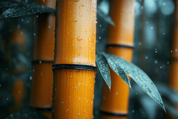 Golden Bamboo Grove Bathed in Soft Rain, A Serene Natural Symphony