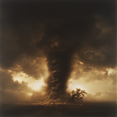 Naklejka premium Enigmatic Tornado Landscape with a Solitary Tree Under a Sky of Swirling Clouds and Sepia Tones.