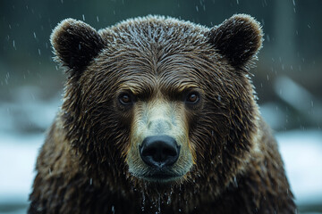 Obraz premium Grizzly's Resilience, A Captivating Portrait Amidst a Rainy Wilderness