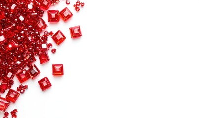A vibrant assortment of red gemstones scattered on a white surface, showcasing their brilliance and texture