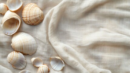 A serene arrangement of seashells on soft beige fabric, evoking a coastal vibe and connection with nature. Perfect for beach-themed decor or relaxation.