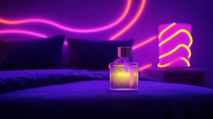 Perfume bottle resting on a bed, illuminated by a neon lamp at night for personal care promotion
