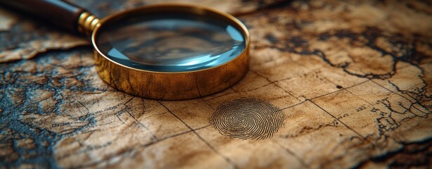 Police Investigation Scene with Magnifying Glass over Fingerprint and Vintage Evidence Background