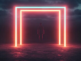 Person standing in front of neon square gate to another world. Calm, mystical, and thoughtful
