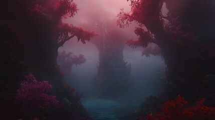 Fototapeta premium Ethereal Gloom Enshrouded Red Forest with Mystical Flora Amidst the Fog and Tranquil Waterscape.