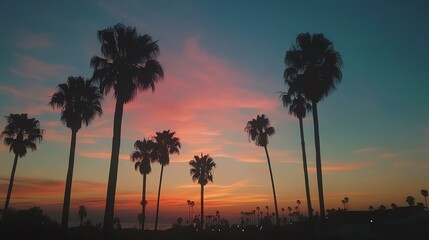 A stunning sunset view featuring silhouettes of tall palm trees against a vibrant sky filled with hues of orange, pink, and blue. Perfect for relaxation.