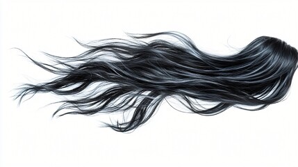 Long black hair flowing, isolated, white background, haircare ad