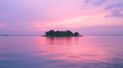 A tranquil sunset view over calm waters, featuring a secluded island silhouetted against vibrant pink and purple skies, creating a serene atmosphere.