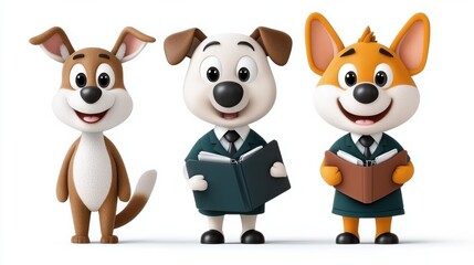 Fototapeta premium Cheerful and Friendly Cartoon Animal Characters Depicted as a Diverse Team of Medical Professionals in Uniform Reading Books and Studying Together in a Professional Setting