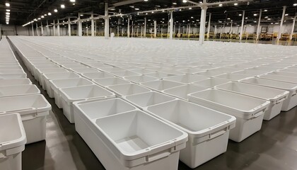 Fototapeta premium Endless Rows of White Storage Bins in a Modern Industrial Warehouse