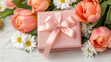 Pink gift box and tulips on table for mothers day, romance, love, present, floral